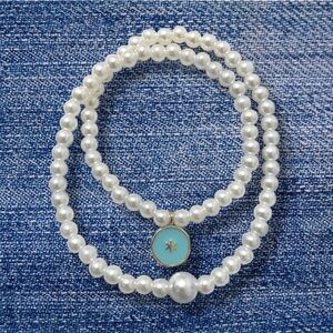 Classic Faux Pearl Lightweight Necklace with Star Gold Plated Blue Charm 16”